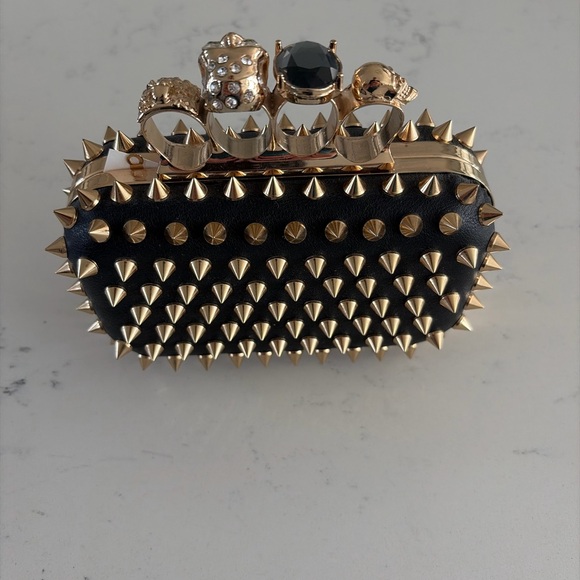 Alexander McQueen Handbags - Alexander McQueen Black Leather Spike Knuckle Box Clutch with Gold Rings